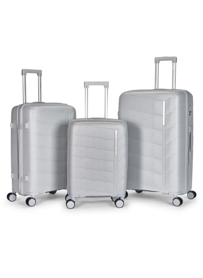 ليمرا طقم شنط سفر 3 قطع من البولي بروبلين عالي الجودة - هيكل صلب مقاوم للكسر والصدمات مع عجلات دوارة 360 درجة - لون فضي